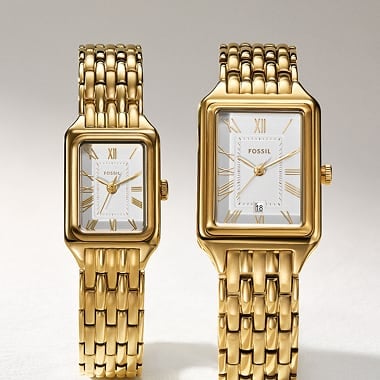 A pair of watches, one mens and one womens.