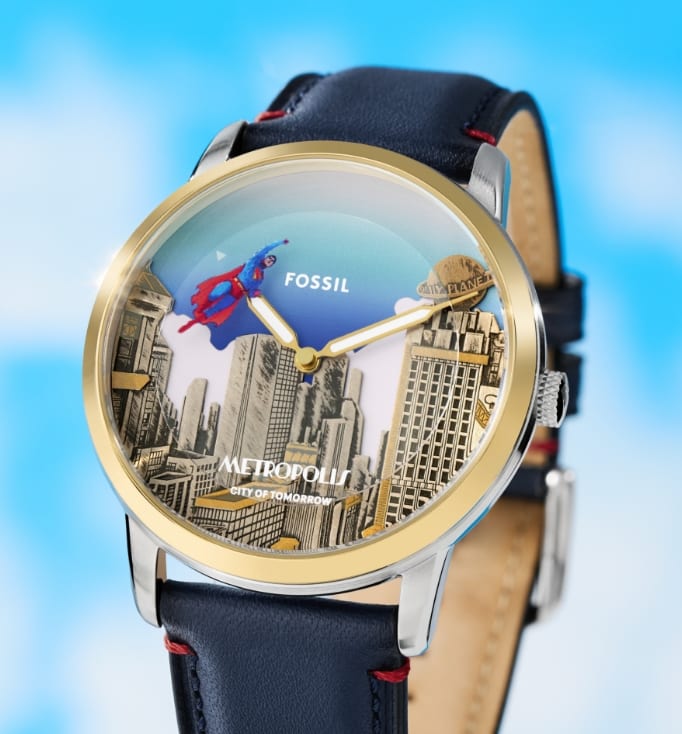Superman watch featuring the Metropolis skyline with Superman flying around the dial on the second hand.