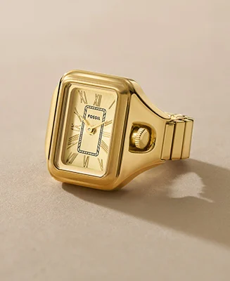 Die Ringuhr Raquel mit einem eckigen Gehäuse und einem goldfarbenen Finish.