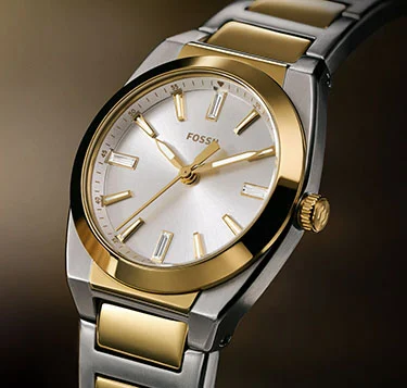 Angled image of two-tone Everett 27 mm watch by Fossil