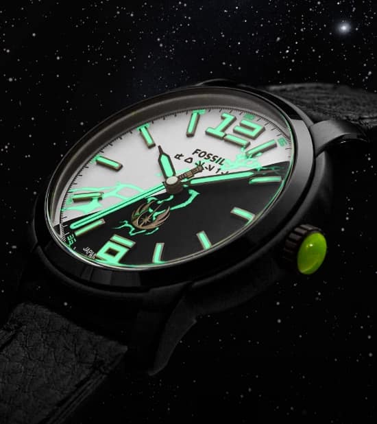 An all-black Star Wars x Fossil watch with a Luke Skywalker™-inspired design featuring a black-and-white matt dial, black leather strap, and out-of-this-galaxy details that reveal themselves in the dark. 