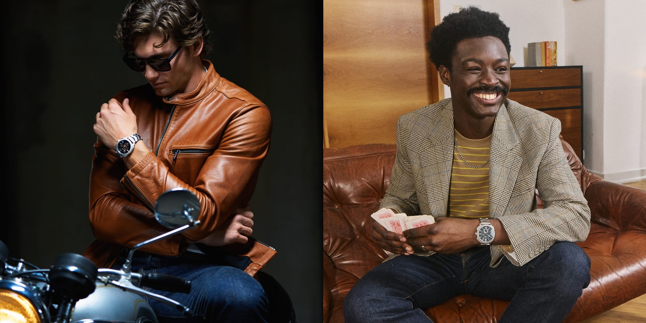 A man in a leather jacket wearing the Machine chronograph while riding a motorcycle. A man in a blazer laughing and wearing the Machine watch.