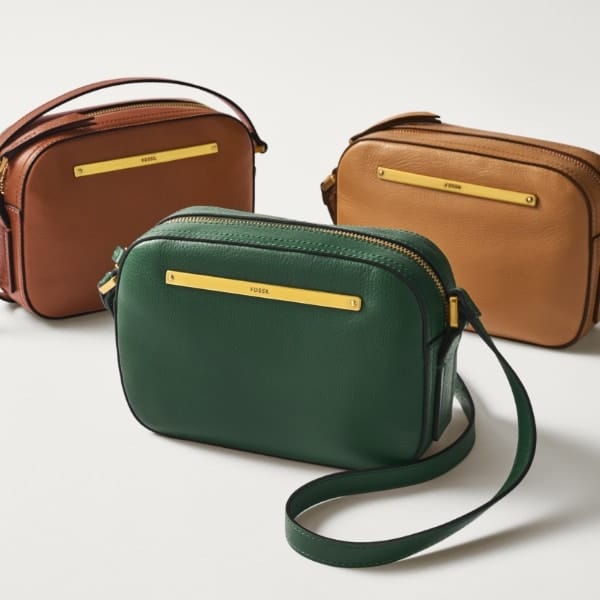 Liza camera bags in dark green, dark brown and light brown leather.