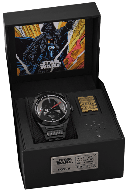 The Darth Vader-inspired watch displayed in its box.