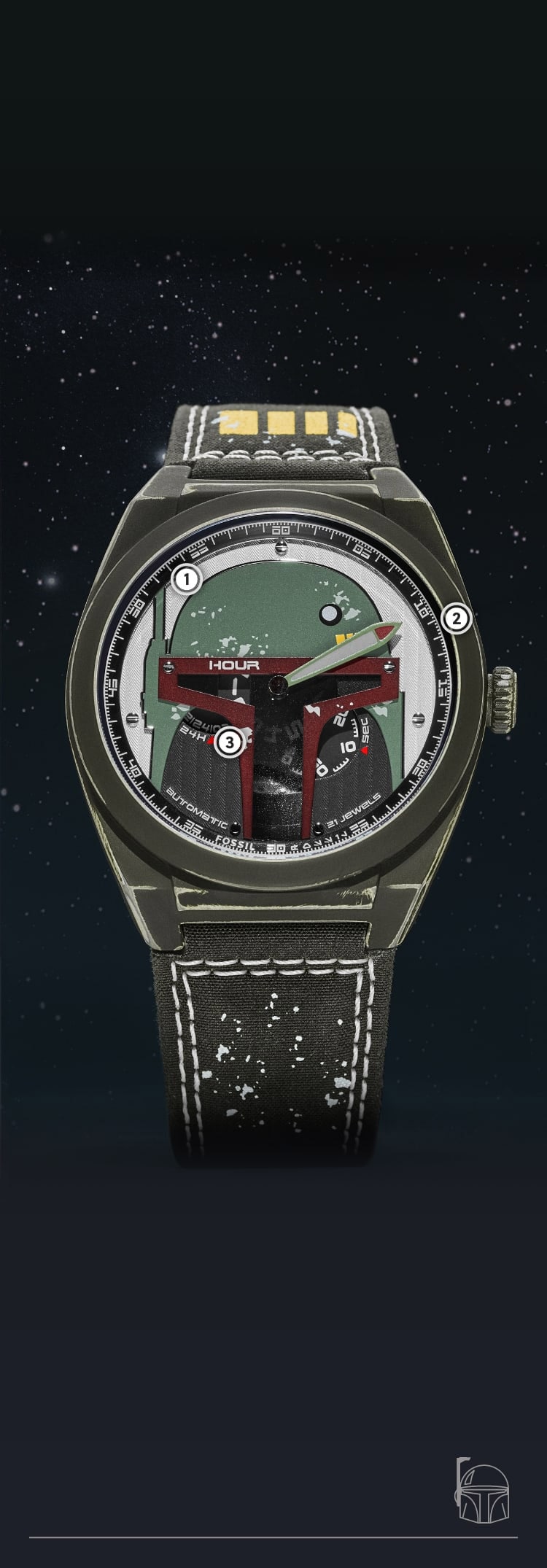 Primo piano di un orologio verde oliva effetto invecchiato con un casco tridimensionale di Boba Fett sul quadrante.