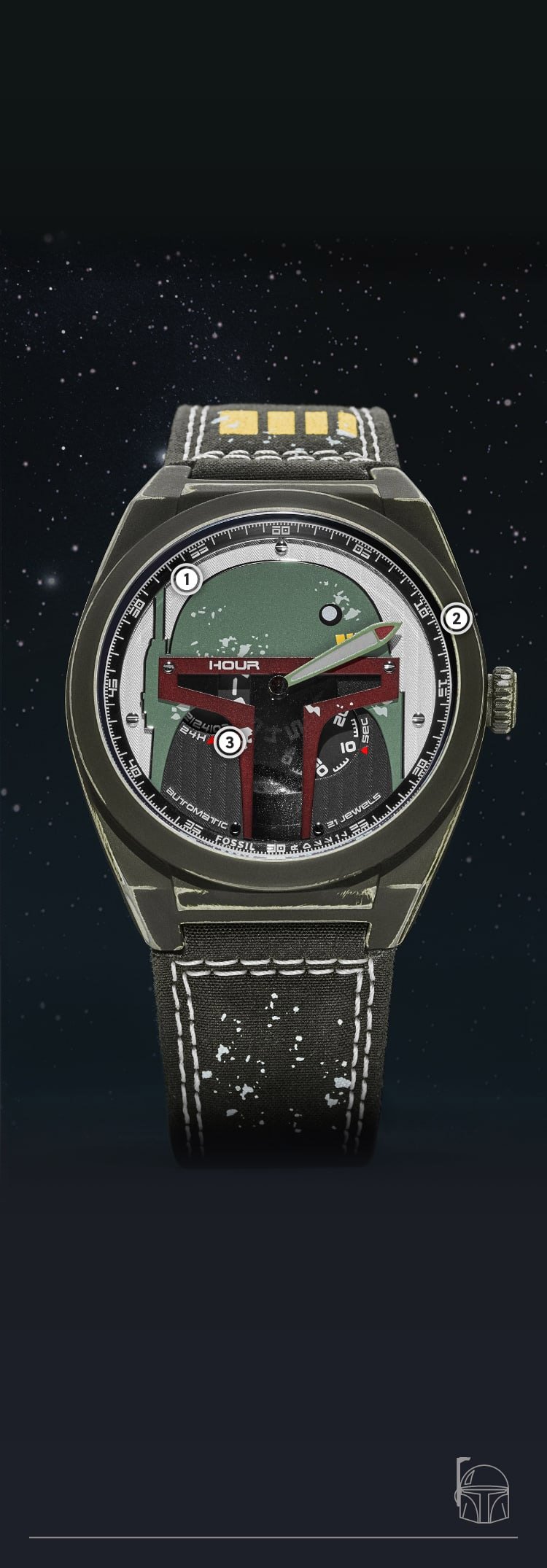 Eine Nahaufnahme einer olivgrünen Uhr im Used-Look mit dimensionalem Helm von Boba Fett auf dem Zifferblatt.