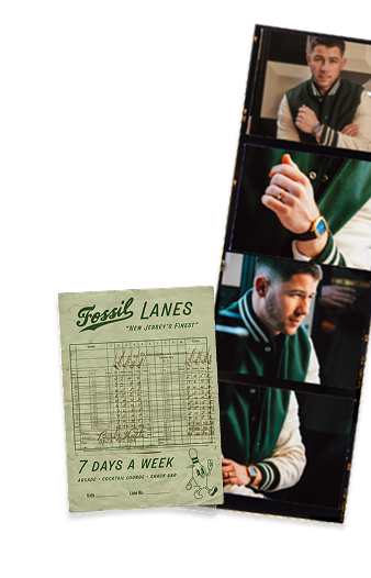 A four-photo film strip of Nick Jonas and a bowling score card.