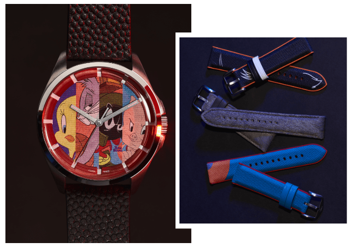 Image of watch tin and watch showing etched caseback.