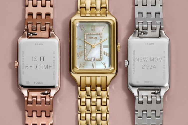 Three Raquel watches, the first with its caseback engraved with Best Mom Ever; the second showing its mother-of-pearl dial; and the third featuring Go Ask Dad engraved on the back.