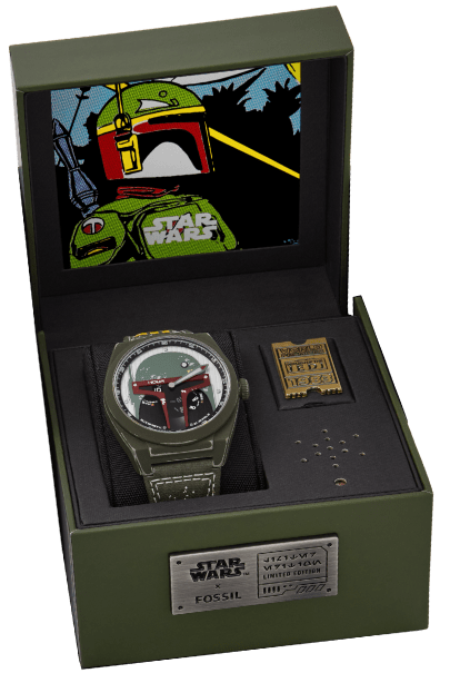 The Boba Fett-inspired watch displayed in its box.