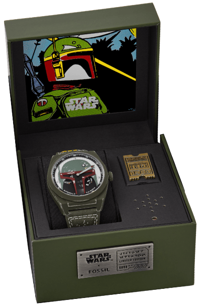 El reloj inspirado en Boba Fett en su caja.