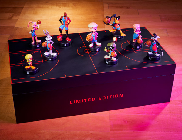 Five leather figures with Space Jam characters.