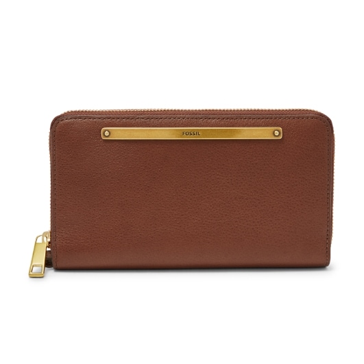 Brown leather zip wallet.