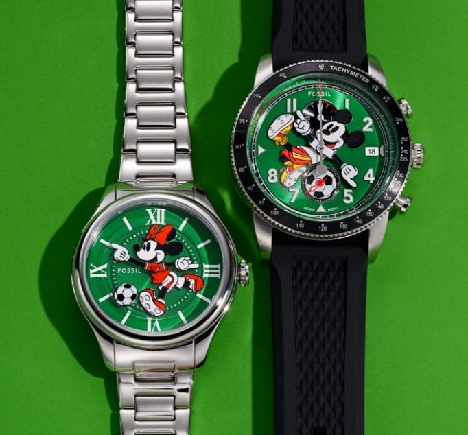 Two limited-edition watches shown side by side, featuring Disney's Mickey Mouse and Minnie Mouse playing football. A graphic of Mickey Mouse's iconic silhouette is reimagined in a football pattern.