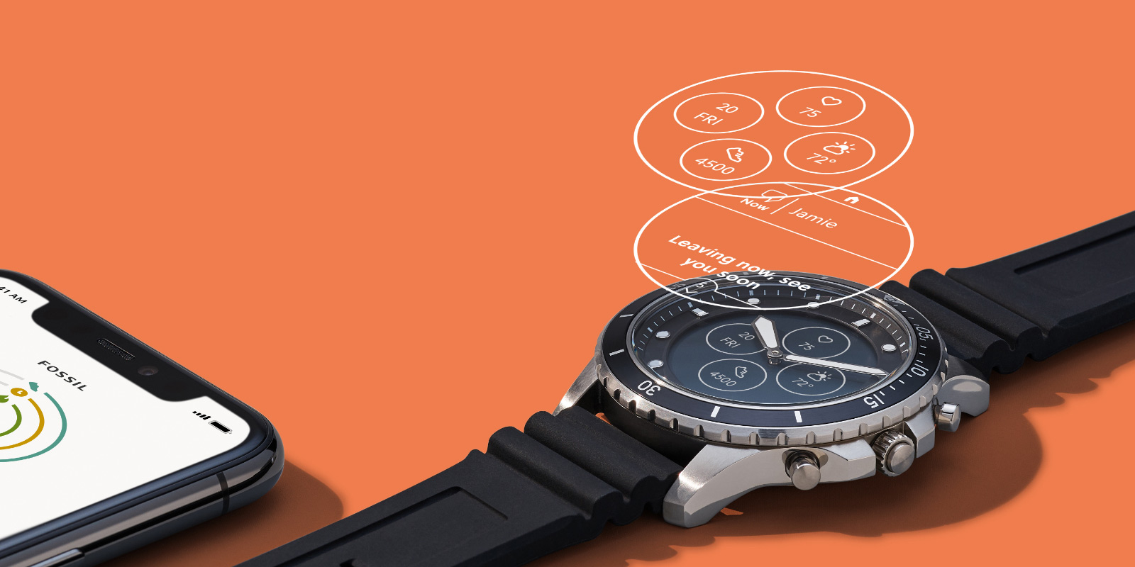 Hybrid Smartwatch HR with feature iconography.