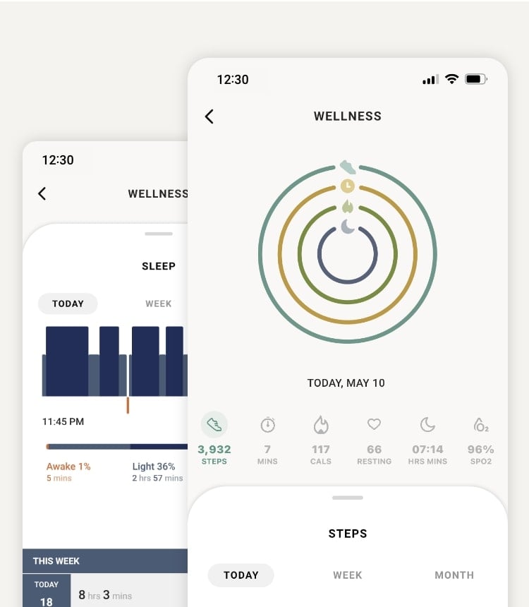 Two simulated smartphone screens showing the Wellness functionalities on our new Fossil Smartwatches app.