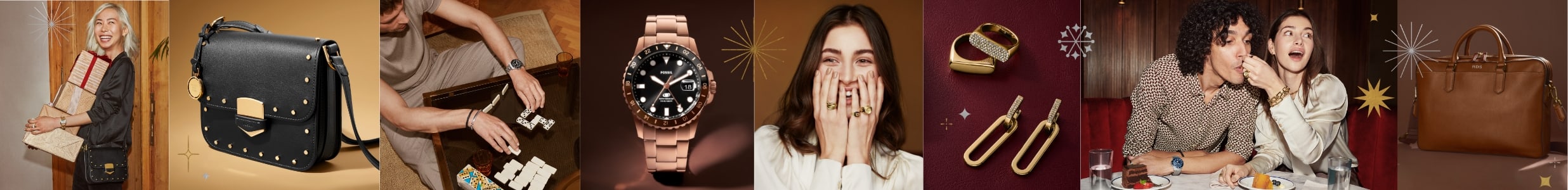 A woman smiling and carrying a stack of gifts in a red bow. The black leather Lennox handbag with stud accents. A man playing dominoes and wearing a Fossil Blue GMT watch. The rose gold-tone Fossil Blue GMT. A woman wearing gold-tone jewellery and covering her smile. Gold-tone rings and earrings. A woman feeding a man cake and wearing gold-tone jewellery. Star graphics.