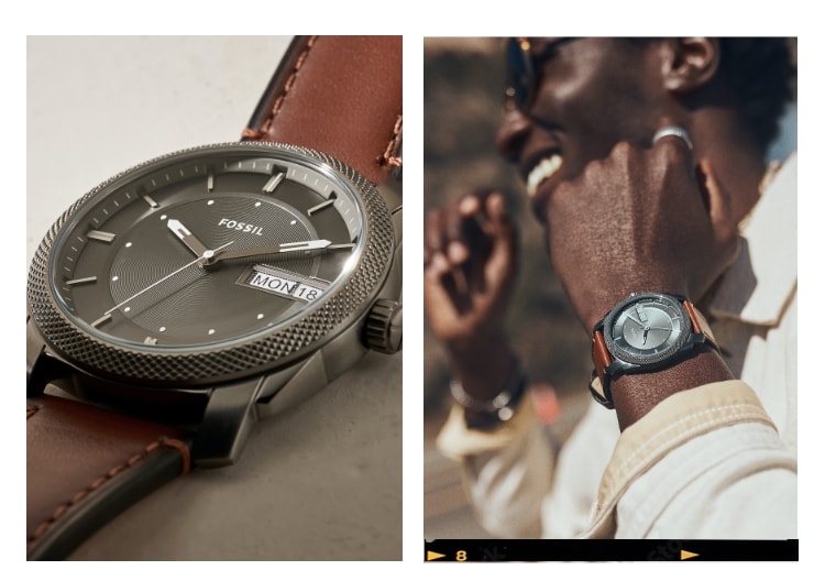 Est. 2008. A close-up of a Machine watch. A man wearing the Machine watch with a brown leather strap.