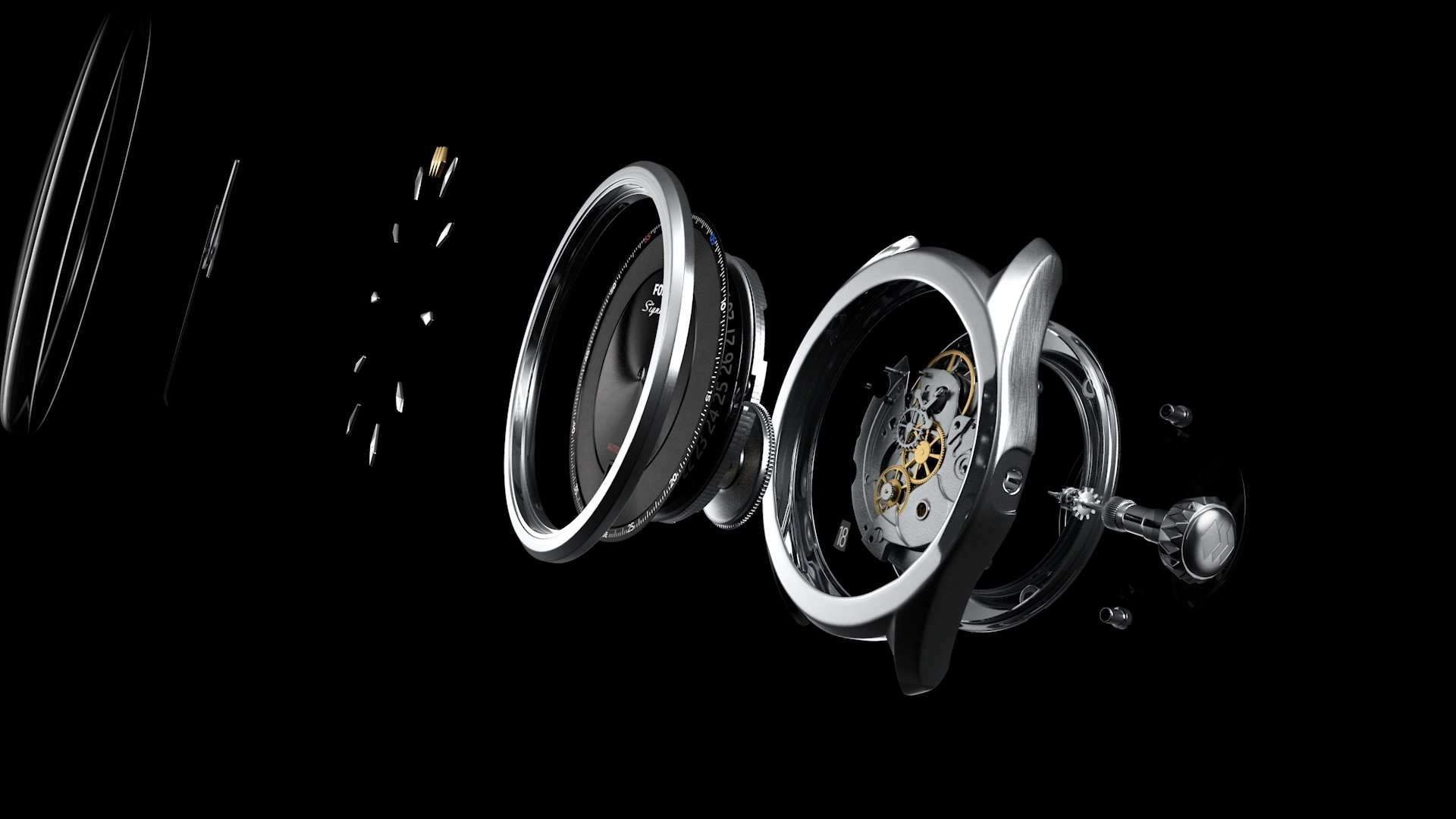 A deconstructed and expanded view of what this watch looks like before it's assembled.