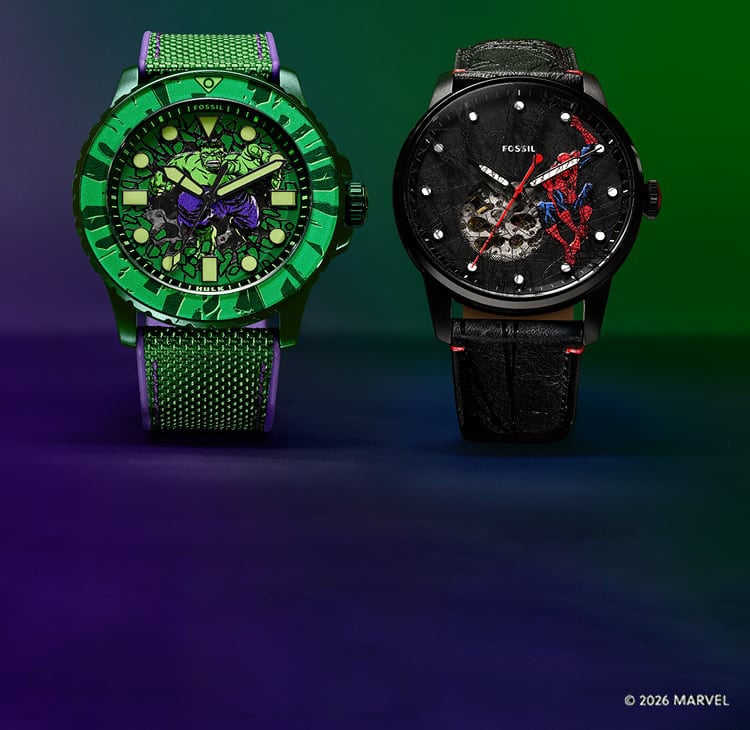 Two Fossil watches featuring limited-edition Spider-Man and Hulk designs