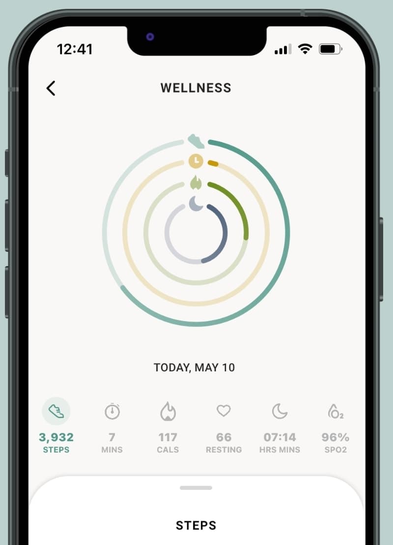 Fossilスマートウォッチアプリのウェルネスページのスクリーンショット