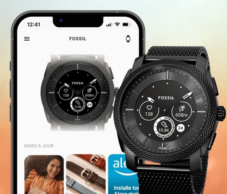 Un smartphone à côté d’une montre connectée Gen 6 hybride noire.