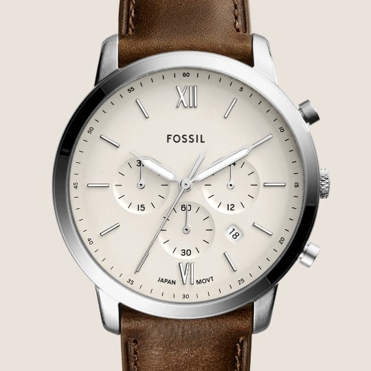 Brown leather Neutra chronograph with white dial.