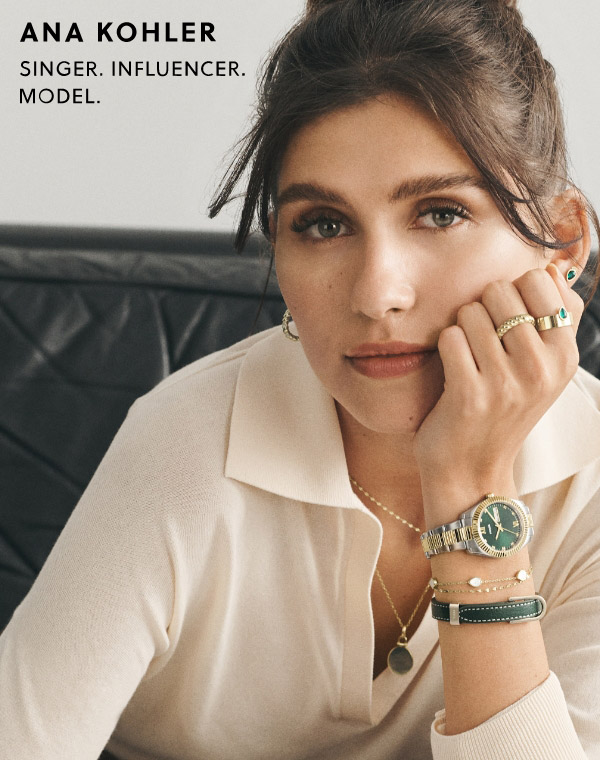 Ana Kohler is wearing different pieces of jewelry from Fossil's holiday collection and the Fossil Scarlette watch 