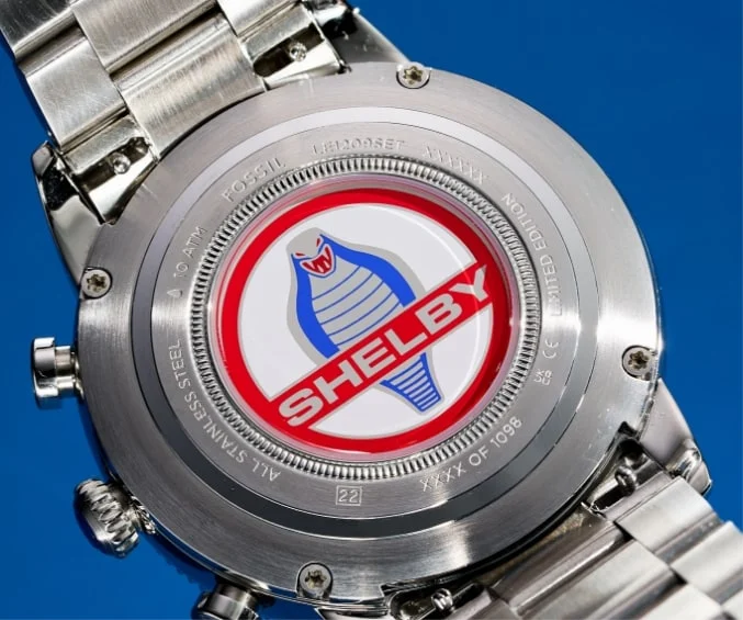 The Shelby Cobra logo, showcased on the caseback of the watch.