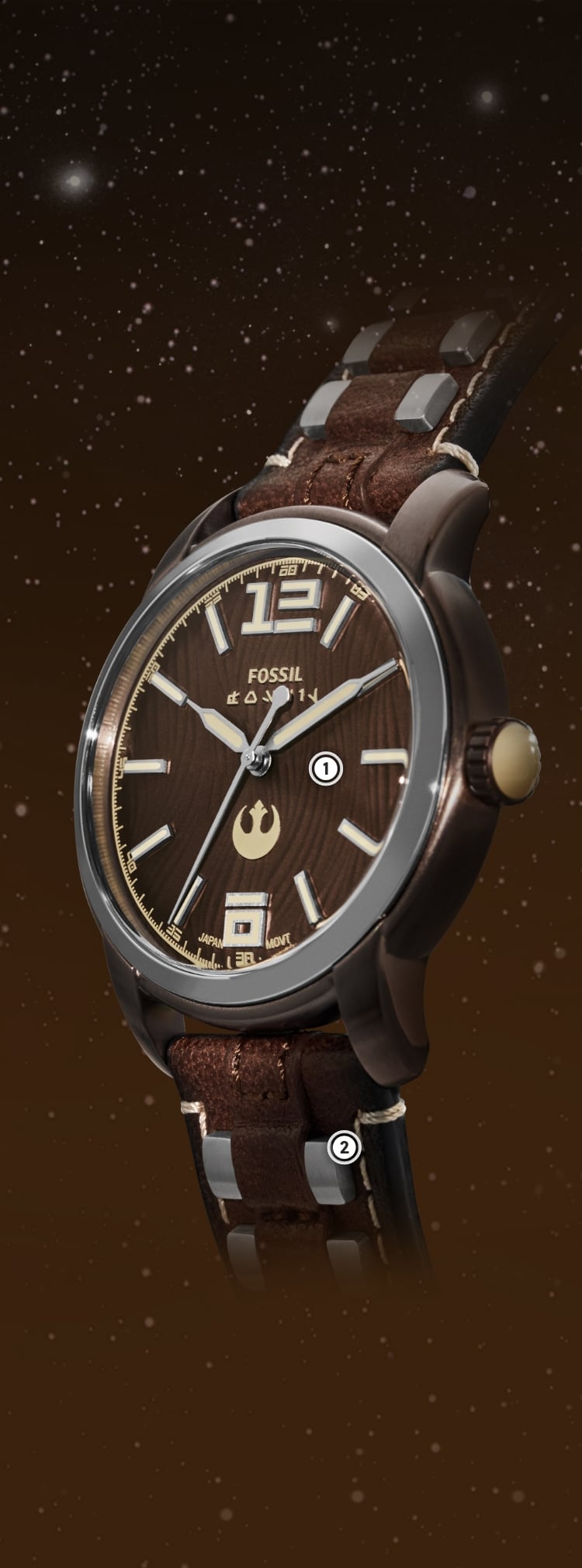 A close-up of a silver-tone watch case with a brown, fur-textured dial on a brown leather strap with Chewbacca-inspired rivets.