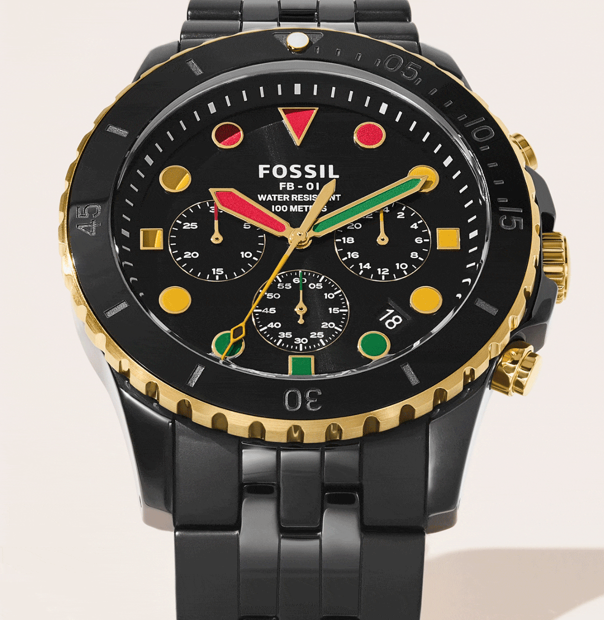 GIF of the special-edition black ceramic FB-01 watch, featuring red, green and yellow indices and minute hands with a red and green Pan-African flag on its glass-printed caseback.