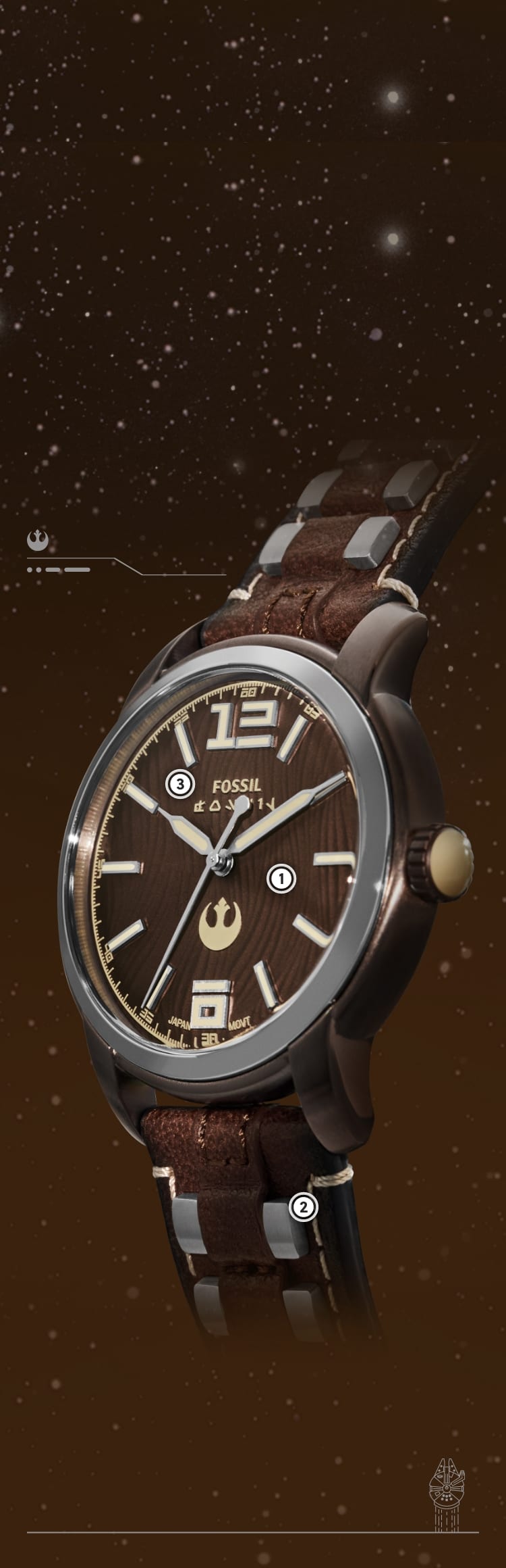 Un gros plan d’un boîtier de montre argenté avec un cadran marron à la texture de fourrure et un bracelet en cuir marron orné de rivets rappelant Chewbacca.