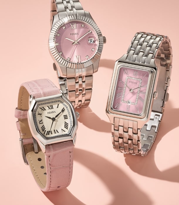 Silver-tone Harlow watch with pink leather strap; silver-tone Scarlett watch; and the silver-tone Raquel watch.