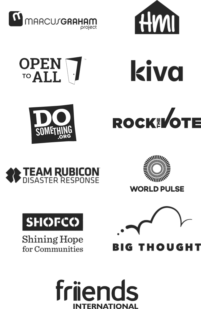 Logos for Marcus Graham Project, Hetrick-Martin Institute, Open To All, Do Something, Rock The Vote, Kiva, Shofco, Big Thought, Team Rubicon, Friends International and World Pulse.