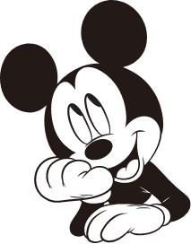 A graphic of Mickey Mouse sitting cross-legged above the watch with his head in his hands.
