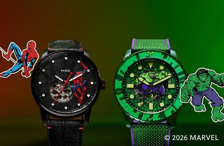 Limited-edition Spider-Man and The Incredible Hulk watches from the Fossil and Marvel collaboration, each displayed with custom packaging featuring archival Marvel comic book art.