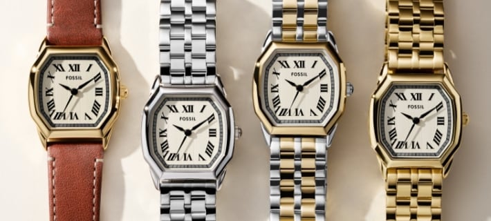 Four Harlow watches in a variety of finishes, including brown leather, silver-tone, two-tone and gold-tone.
