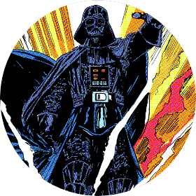 A comic book-style illustration of Darth Vader