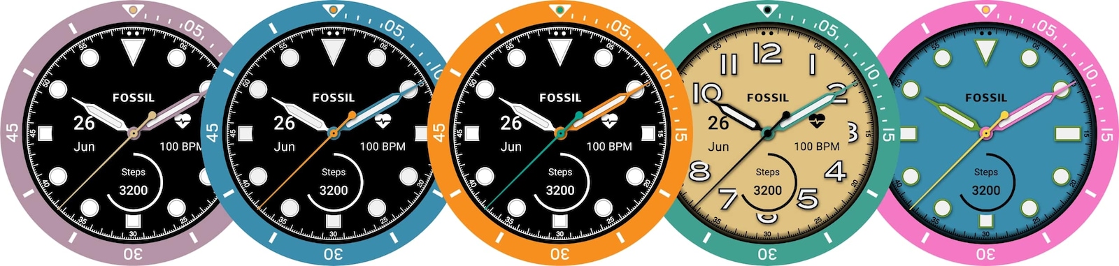 A variety of Fossil Defender watch faces, featuring the different customisable dial colours.