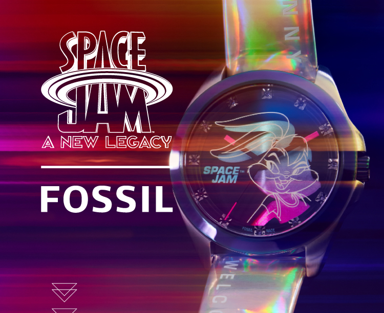 Space Jam by Fossil logo with a purple background and a watch with Bugs Bunny on the dial. Space Jam by Fossil logo with a purple background and a watch with Bugs Bunny on the dial.