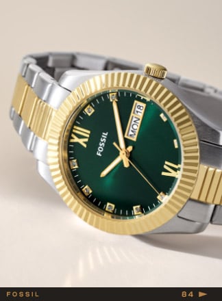 Montre Scarlette bicolore avec cadran vert sapin, vue de face et de dos 