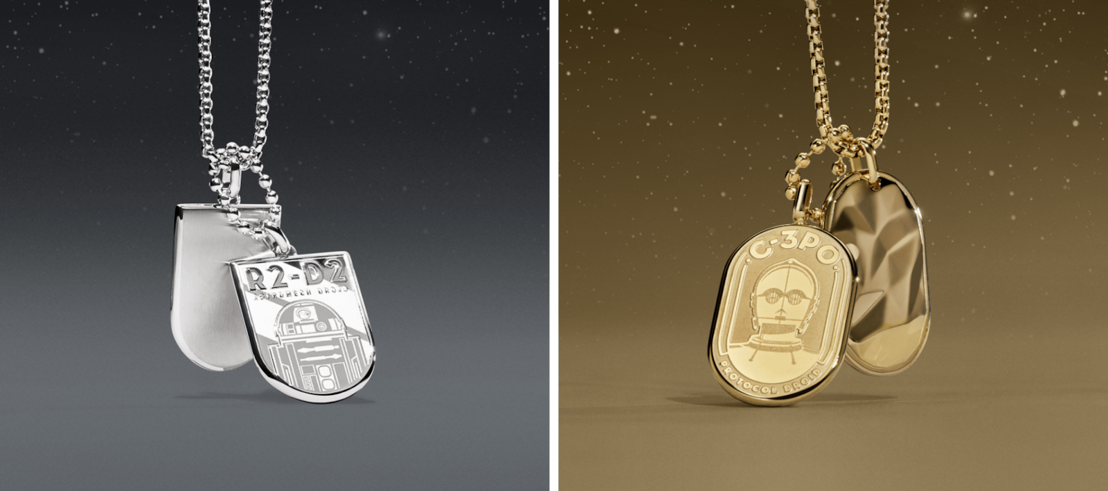 Un collier doré avec une plaque d’identification ornée d’une gravure de C-3PO et un collier argenté avec une plaque d’identification ornée d’une gravure de R2-D2 