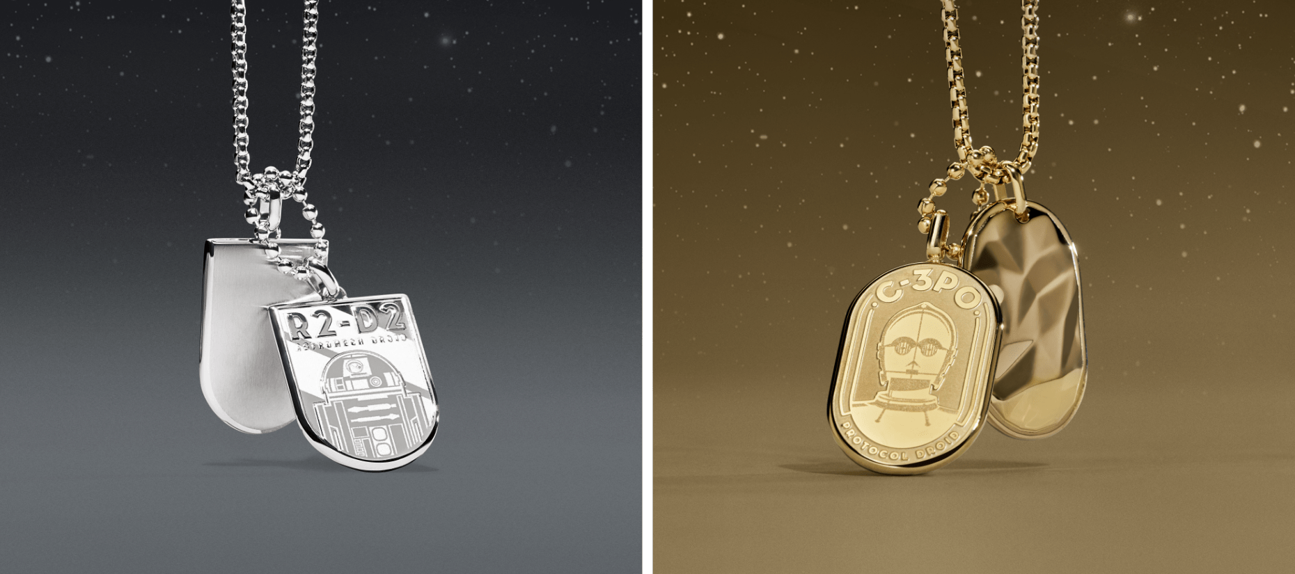 A gold-tone necklace with an engraving of C-3PO on an ID plaque and a silver-tone necklace with an engraving of R2-D2 on an ID plaque