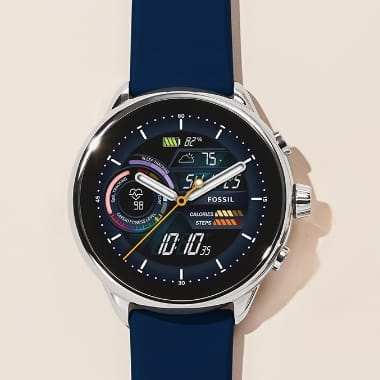 A blue silicone Fossil Gen 6 smartwatch.