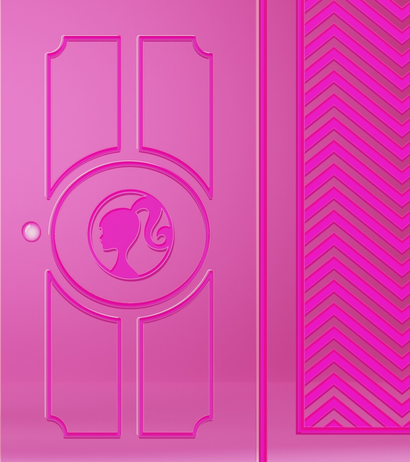 Pinke Türen mit Barbie™-Silhouetten, die sich öffnen und unsere Limited Edition Barbie™ x Fossil Uhr Raquel mit schwarzem Band und typischen Symbolen wie einer Glassteinblume, einem Rollschuh und einem pinken Auto zeigen.