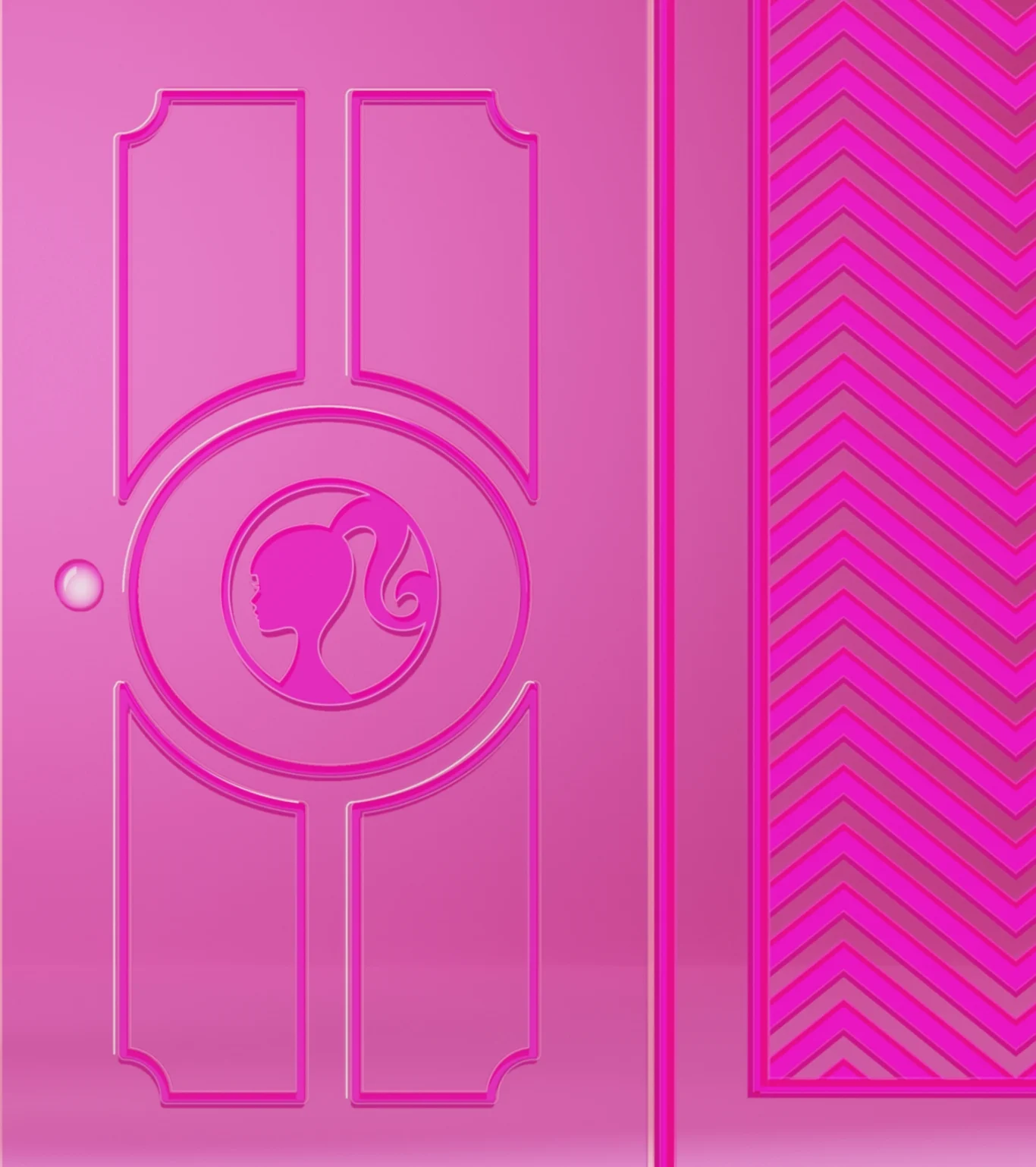 Pink doors with Barbie™ silhouettes that open to reveal our limited edition Barbie™ x Fossil Raquel watch, featuring a black strap with icons such as a crystal flower, a roller skate and a pink car.