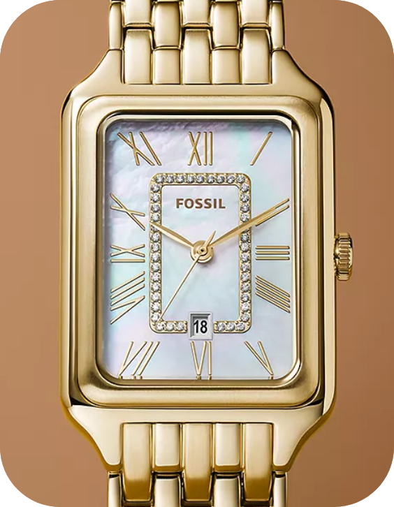 GIF di un orologio Raquel color oro con un quadrante color argento satinato o un quadrante in madreperla con una cornice interna in cristallo.