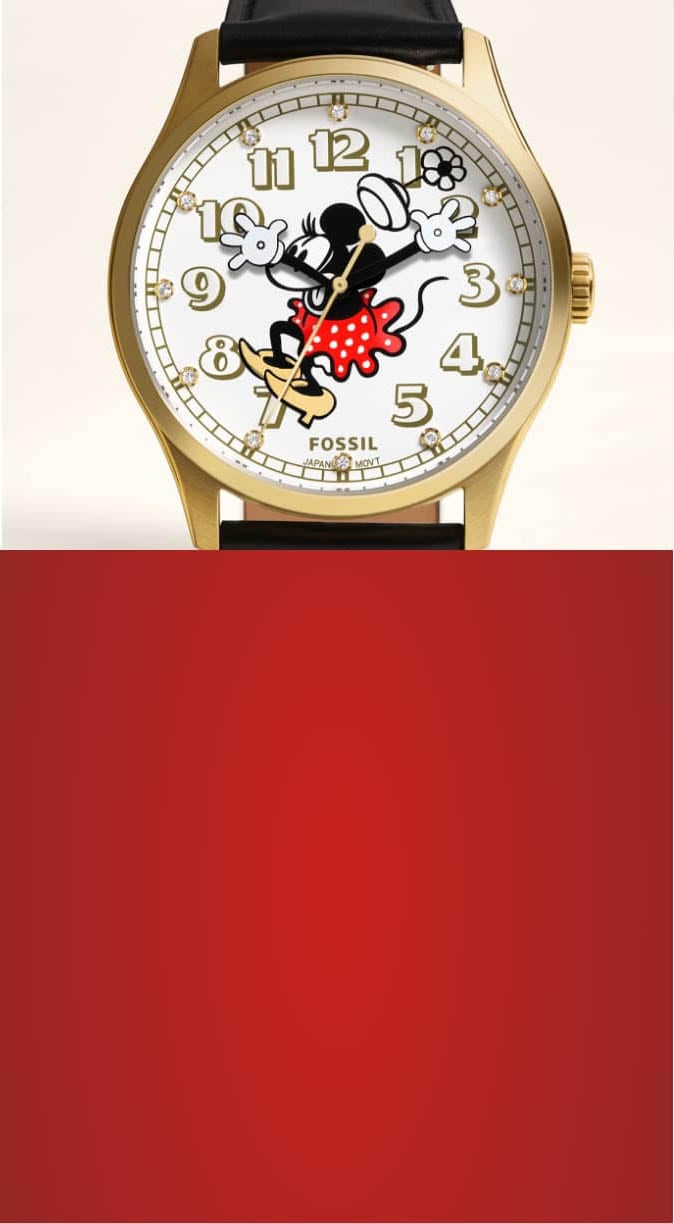 Ein geteiltes Modul mit der Jubiläumsuhr Minnie Mouse neben einer Grafik von Micky und Minnie Maus vor einem roten Hintergrund.