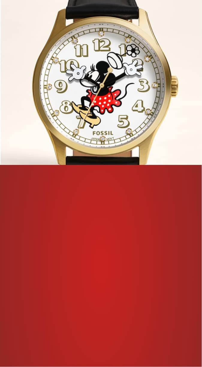 A split-screen module featuring the Minnie Mouse anniversary watch, along with a graphic of Mickey and Minnie Mouse on a red background.