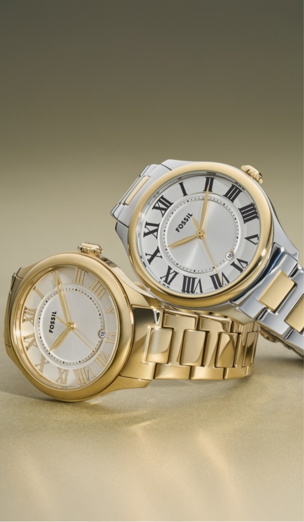 A two-tone Gilmore watch stacked atop a gold-tone Gilmore watch.